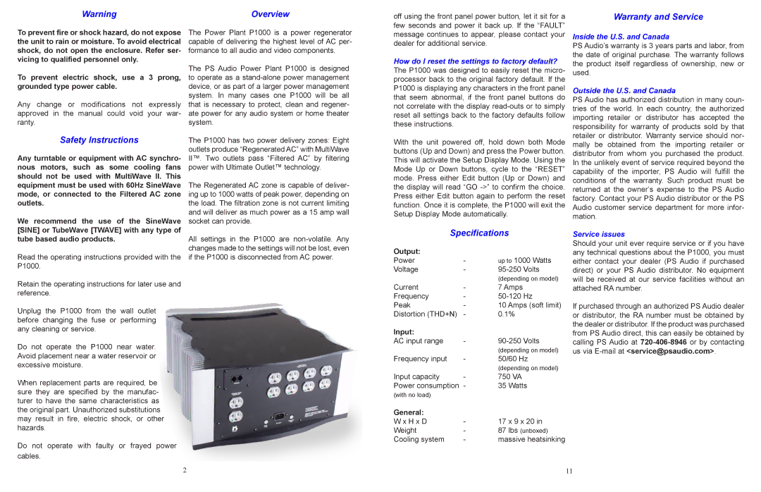 PS Audio P1000 quick start Warranty and Service, Safety Instructions, Specifications 