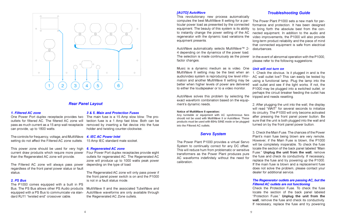 PS Audio P1000 quick start Rear Panel Layout, Troubleshooting Guide, Servo System 