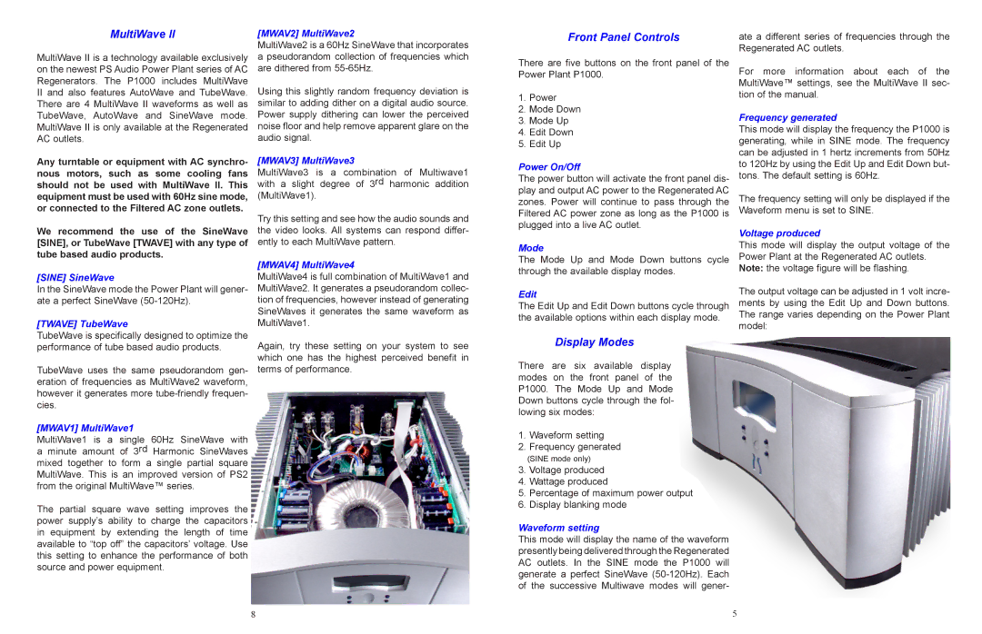 PS Audio P1000 quick start MultiWave, Front Panel Controls, Display Modes 