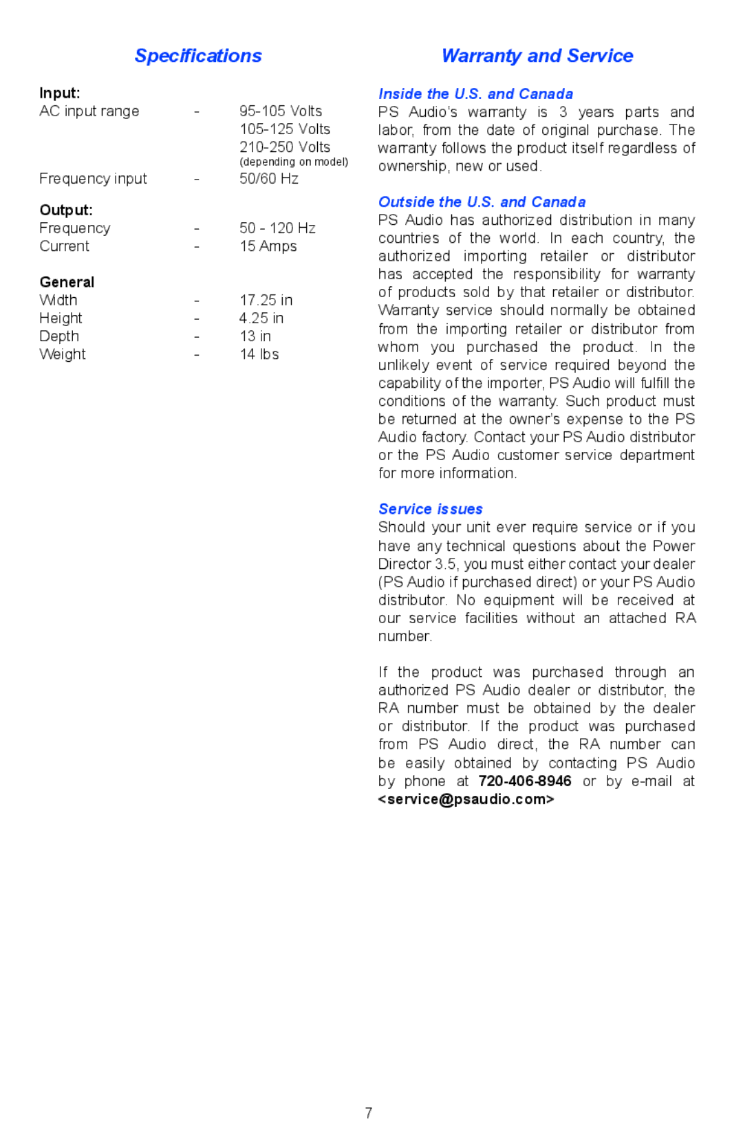 PS Audio PD 3.5 quick start Specifications, Warranty and Service, Inside the U.S. and Canada, Outside the U.S. and Canada 