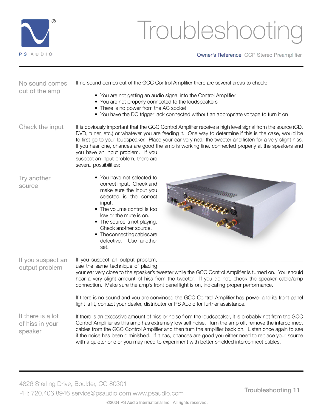 PSA GCC-250, GCC-500, GCC-100 manual Troubleshooting 