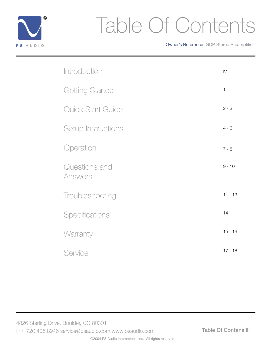 PSA GCC-250, GCC-500, GCC-100 manual Table Of Contents 