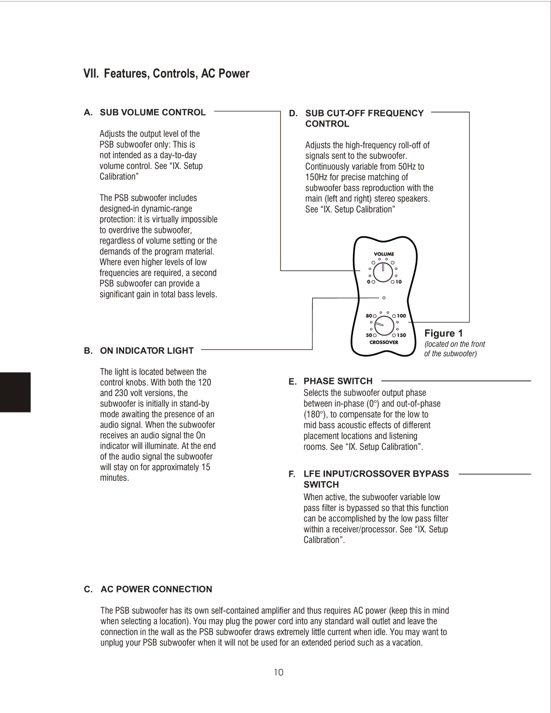 PSB Speakers CHS212 owner manual VII. Features, Controls, AC Power, SUB Volume Control 