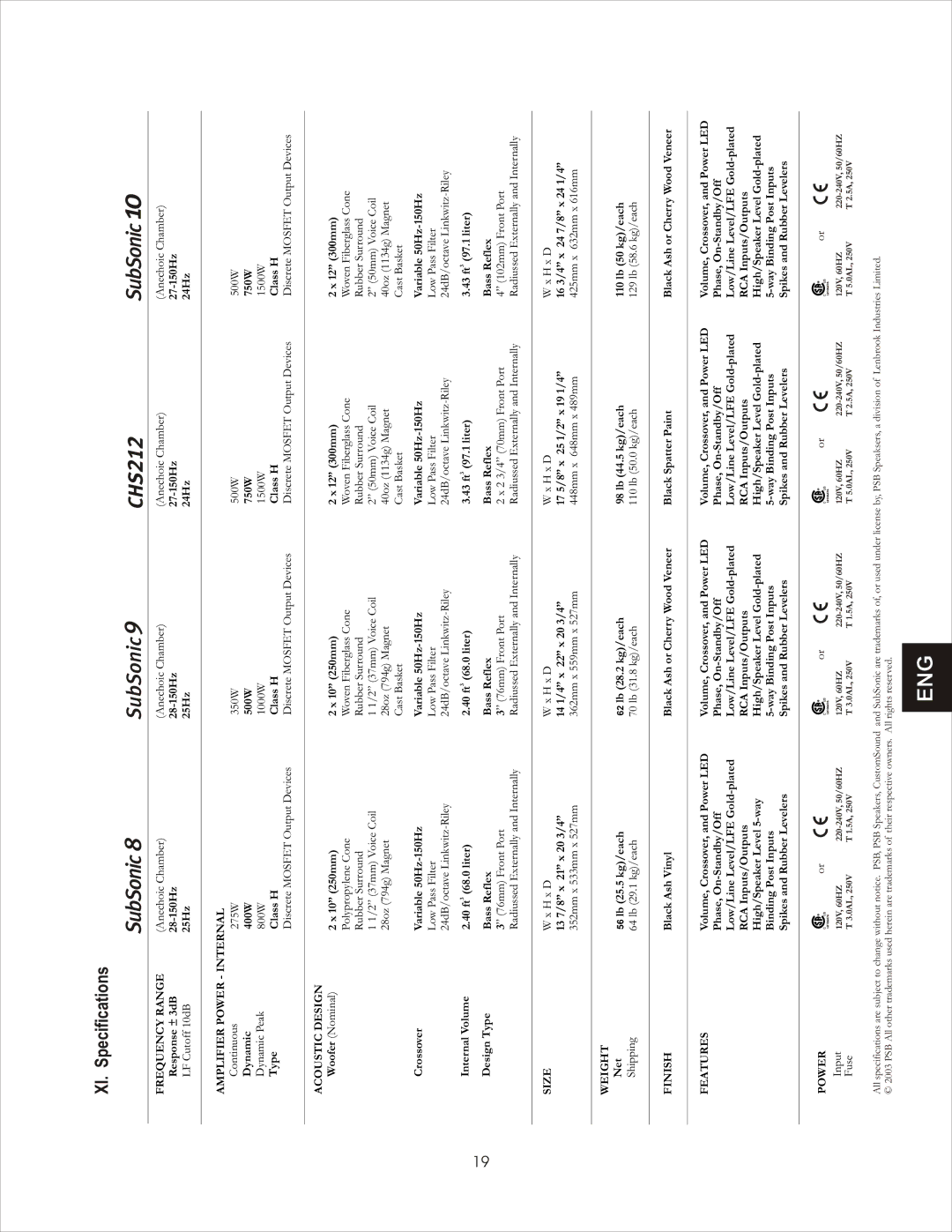 PSB Speakers CHS212 owner manual XI. Specifications 