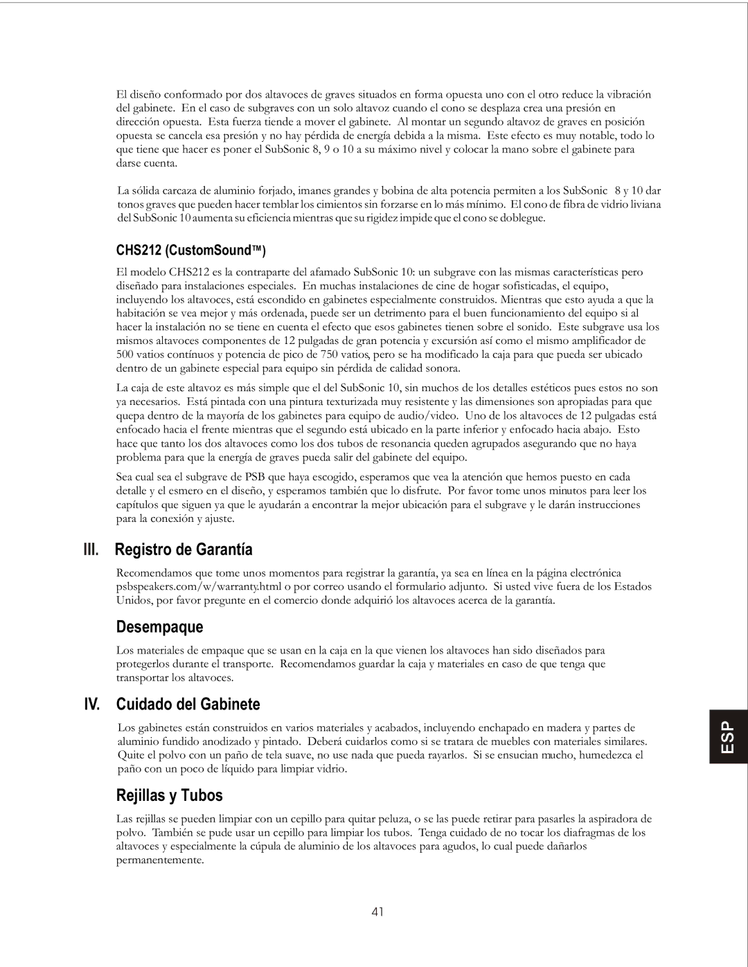 PSB Speakers CHS212 owner manual III. Registro de Garantía Desempaque, IV. Cuidado del Gabinete, Rejillas y Tubos 
