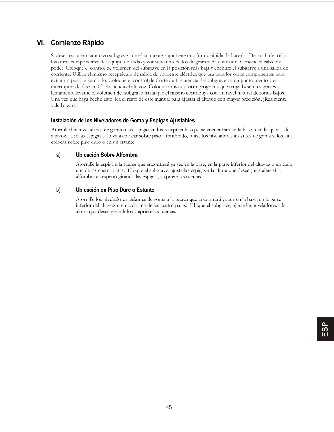 PSB Speakers CHS212 owner manual VI. Comienzo Rápido, Instalación de los Niveladores de Goma y Espigas Ajustables 