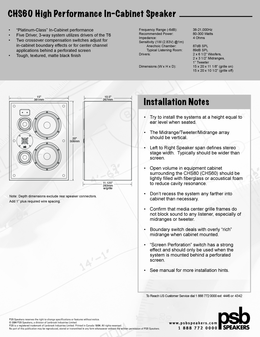 PSB Speakers manual CHS60 High Performance In-Cabinet Speaker, Installation Notes 