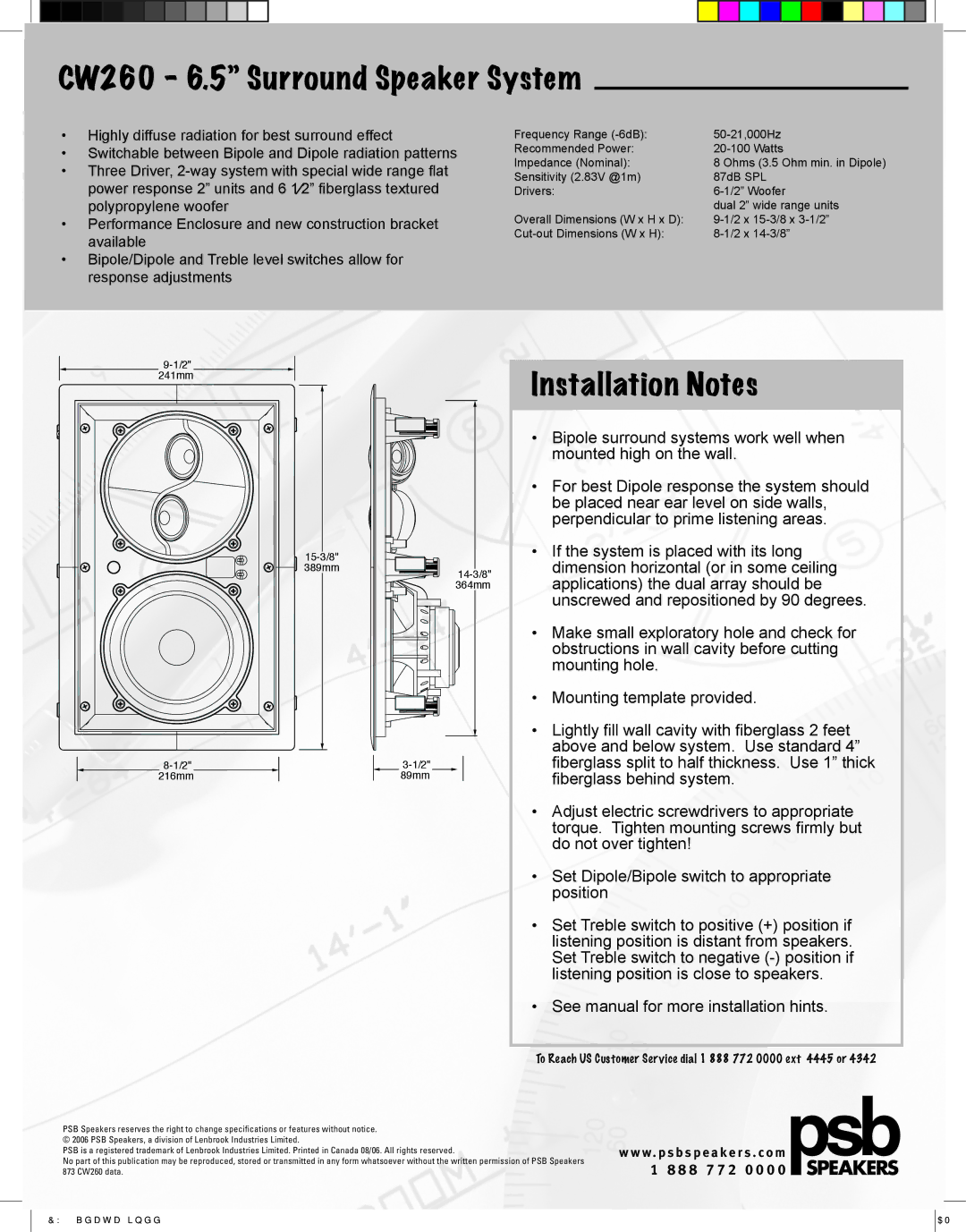 PSB Speakers manual CW260 6.5 Surround Speaker System, Installation Notes 