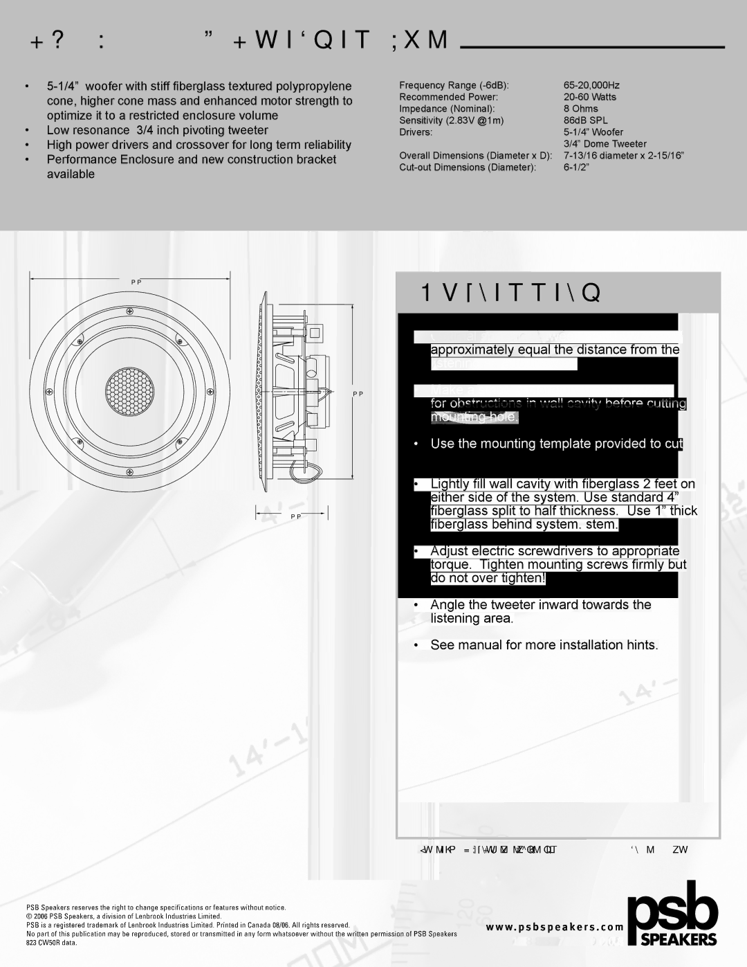 PSB Speakers manual CW50R 5.25 Coaxial Speaker System, Installation Notes 