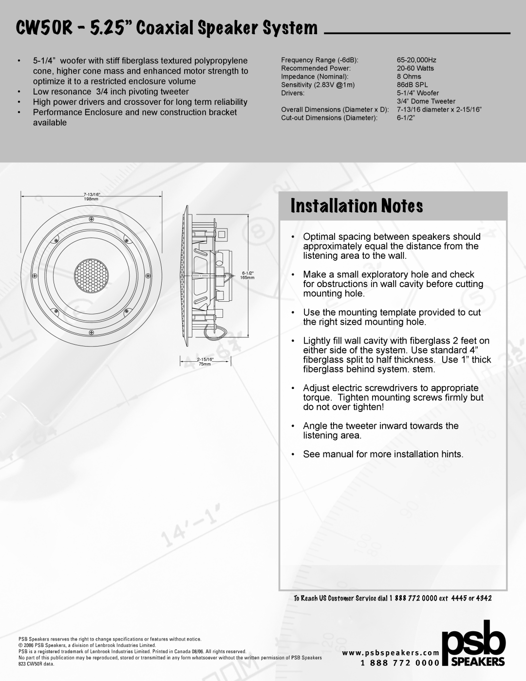 PSB Speakers manual CW50R - 5.25” Coaxial Speaker System, Installation Notes 