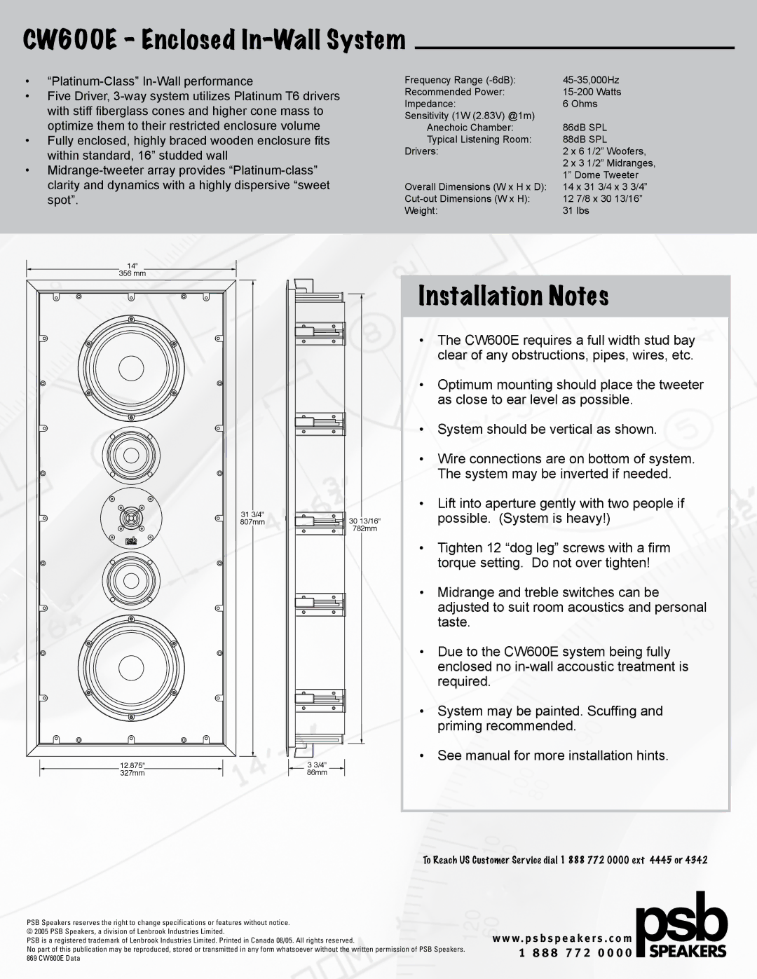 PSB Speakers manual CW600E Enclosed In-Wall System, Installation Notes 