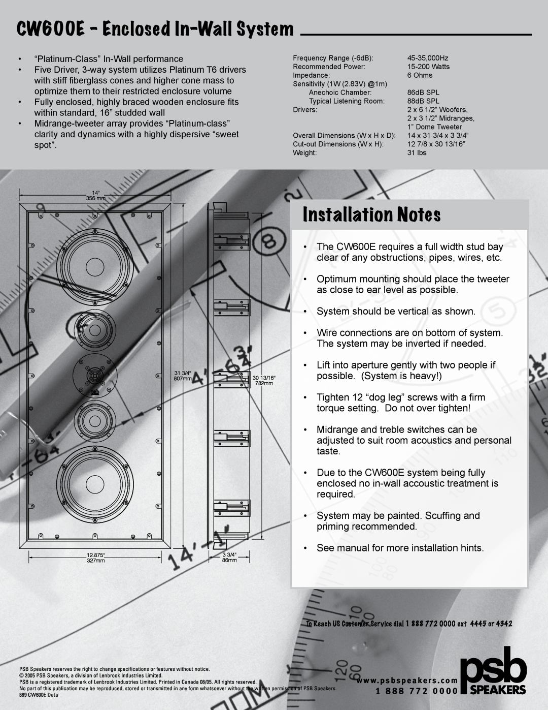 PSB Speakers manual CW600E - Enclosed In-WallSystem, Installation Notes 