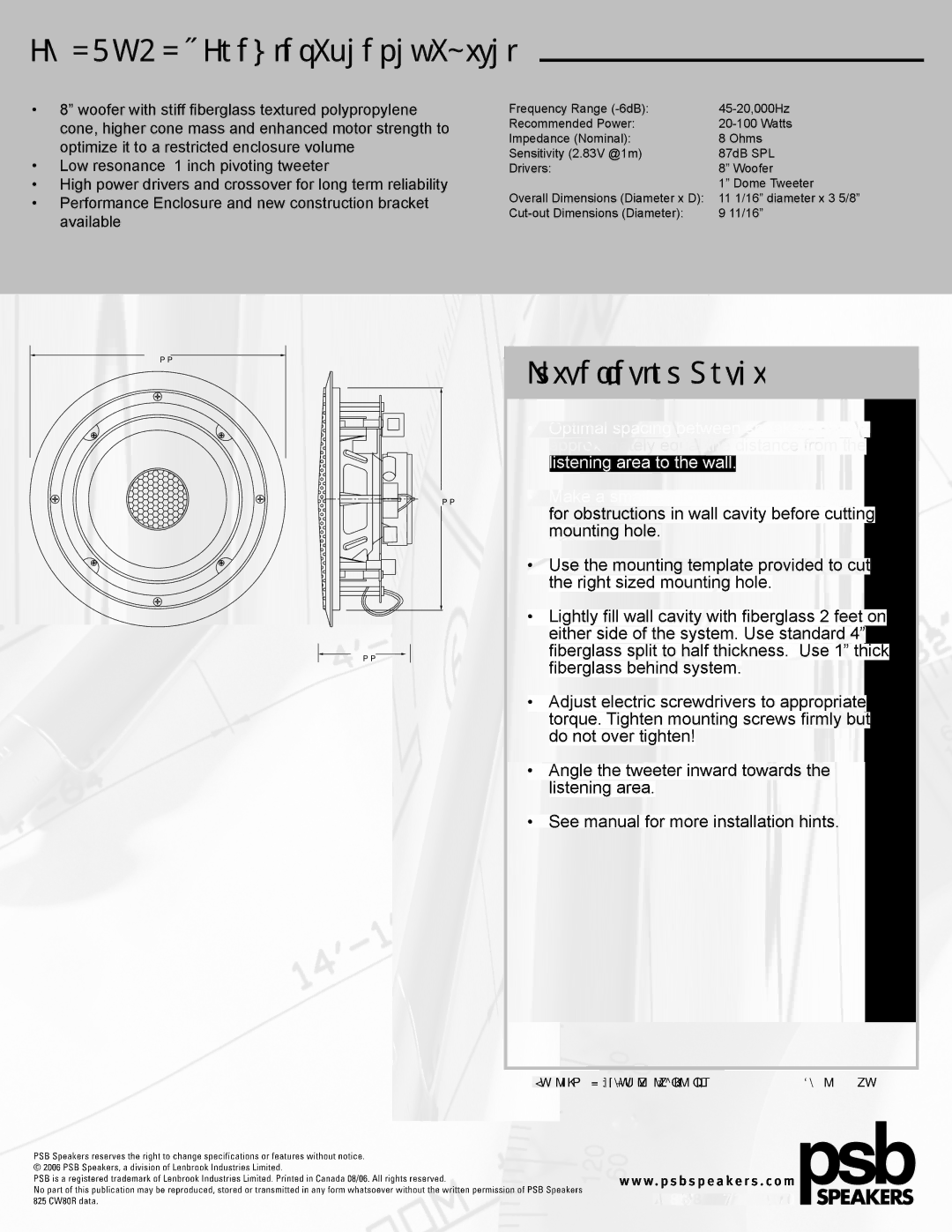 PSB Speakers manual CW80R 8 Coaxial Speaker System, Installation Notes 