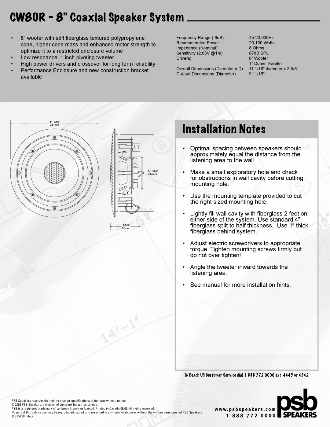 PSB Speakers manual CW80R - 8” Coaxial Speaker System, Installation Notes 
