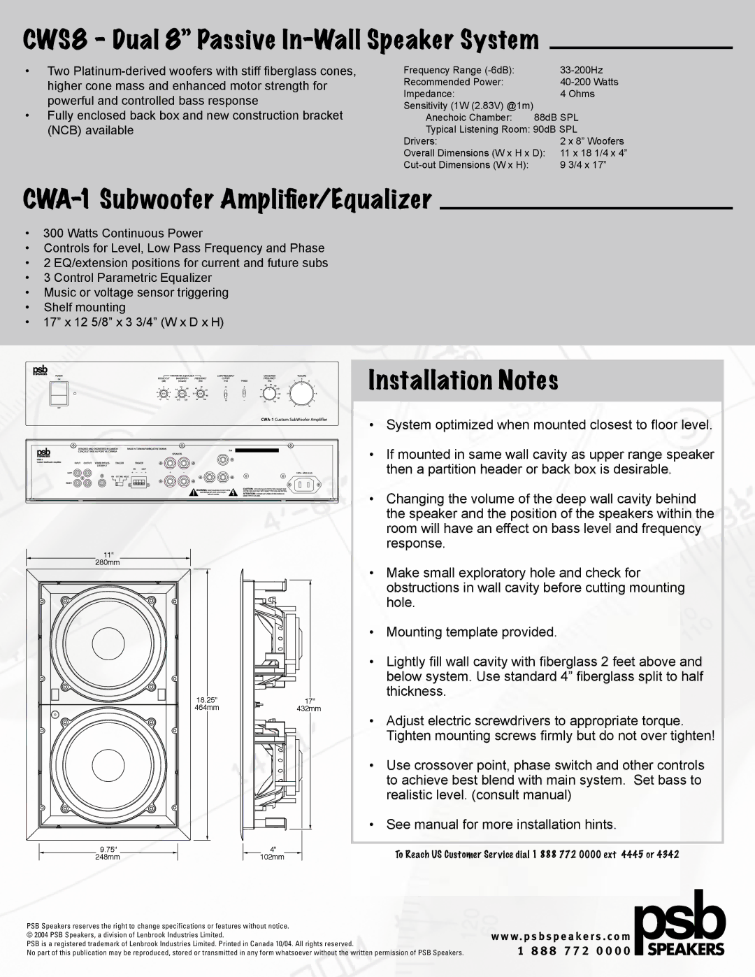 PSB Speakers CWS8 Dual 8 Passive In-Wall Speaker System, CWA-1 Subwoofer Ampliﬁer/Equalizer, Installation Notes 