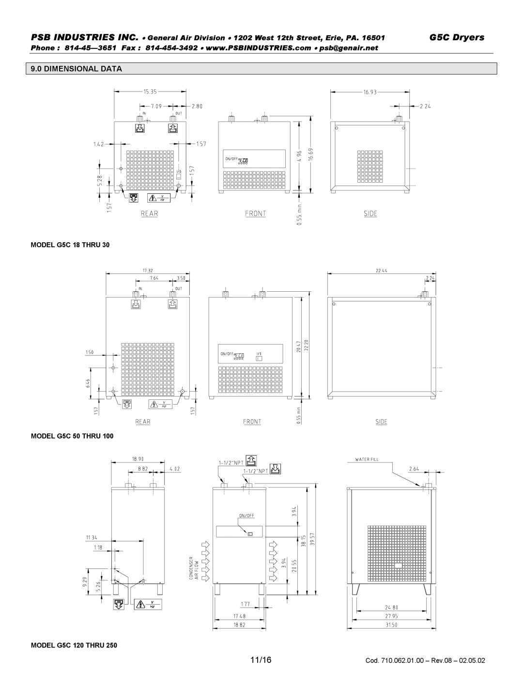 PSB Speakers G5C 0018, G5C 0250 warranty 11/16, Dimensional Data 