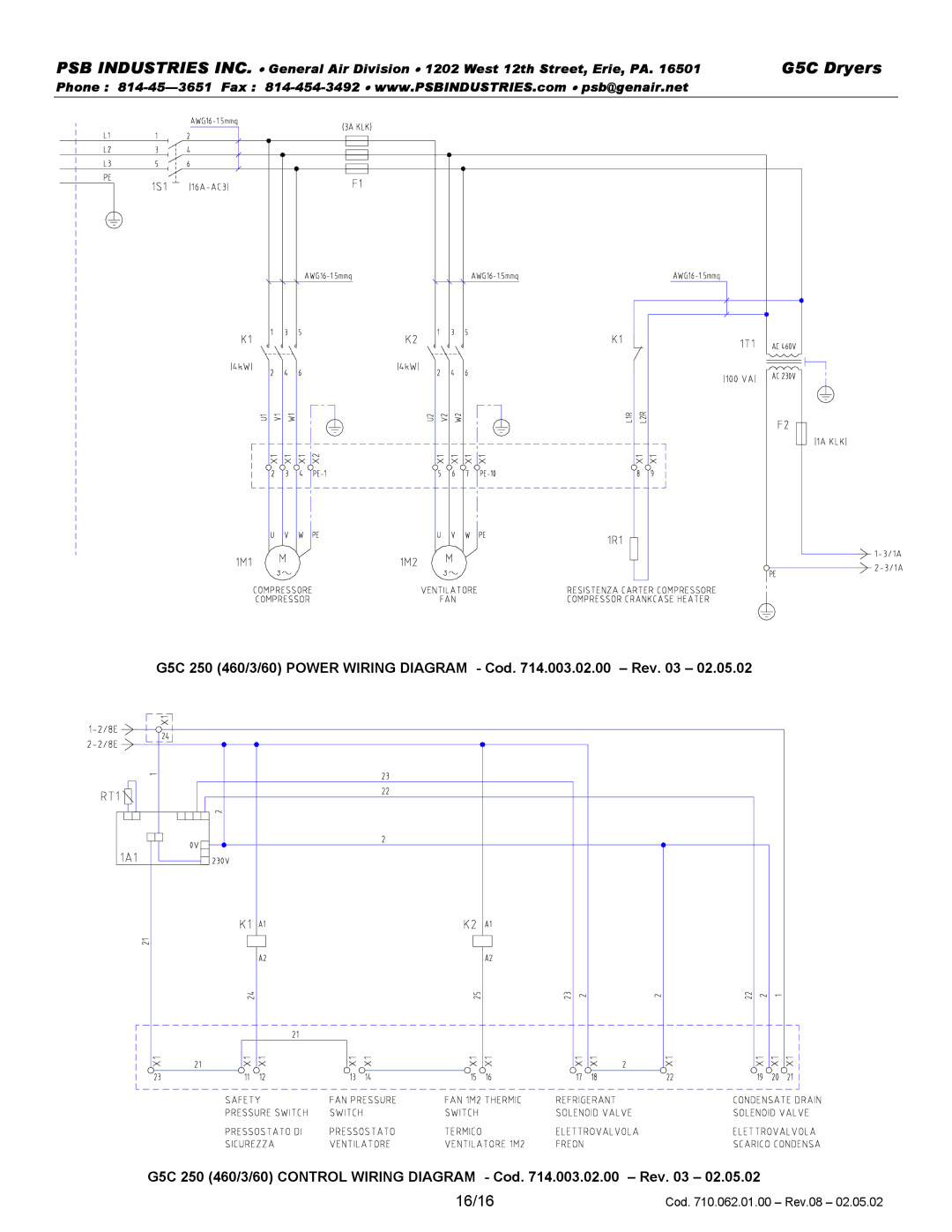 PSB Speakers G5C 0250 G5C 250 460/3/60 Power Wiring Diagram, Cod .003.02.00 Rev, G5C 250 460/3/60 Control Wiring Diagram 