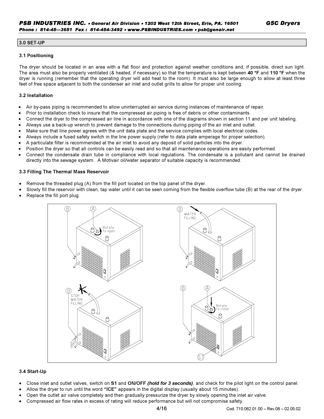 PSB Speakers G5C 0250, G5C 0018 warranty SET-UP Positioning, Installation, Filling The Thermal Mass Reservoir, Start-Up 