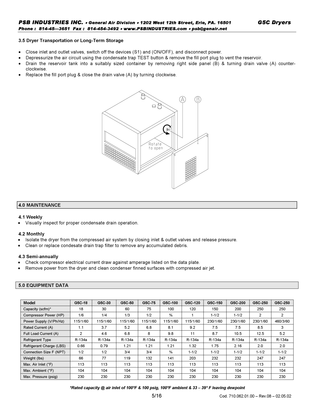 PSB Speakers G5C 0018, G5C 0250 warranty Maintenance, Equipment Data 