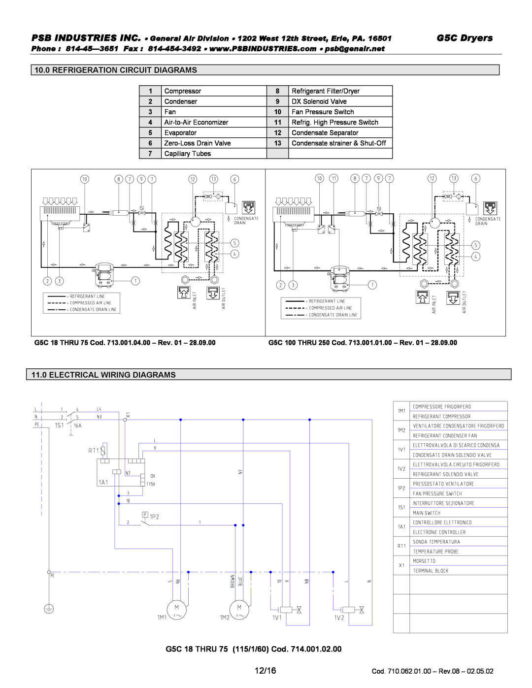 PSB Speakers G5C 0250 12/16, Refrigeration Circuit Diagrams, Electrical Wiring Diagrams, G5C 18 THRU 75 115/1/60 Cod 