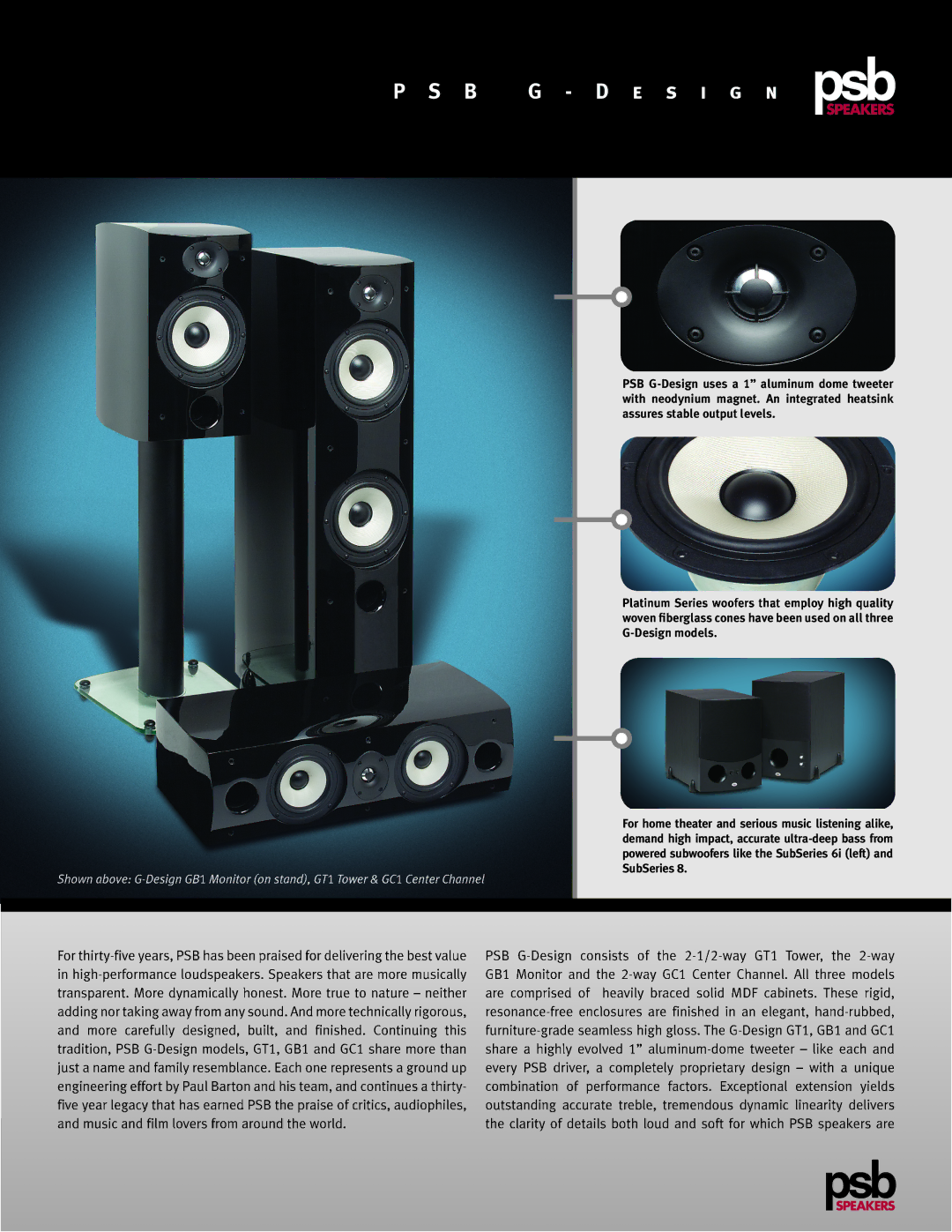 PSB Speakers GT1, GB1, GC1 manual B G D e s i g n 