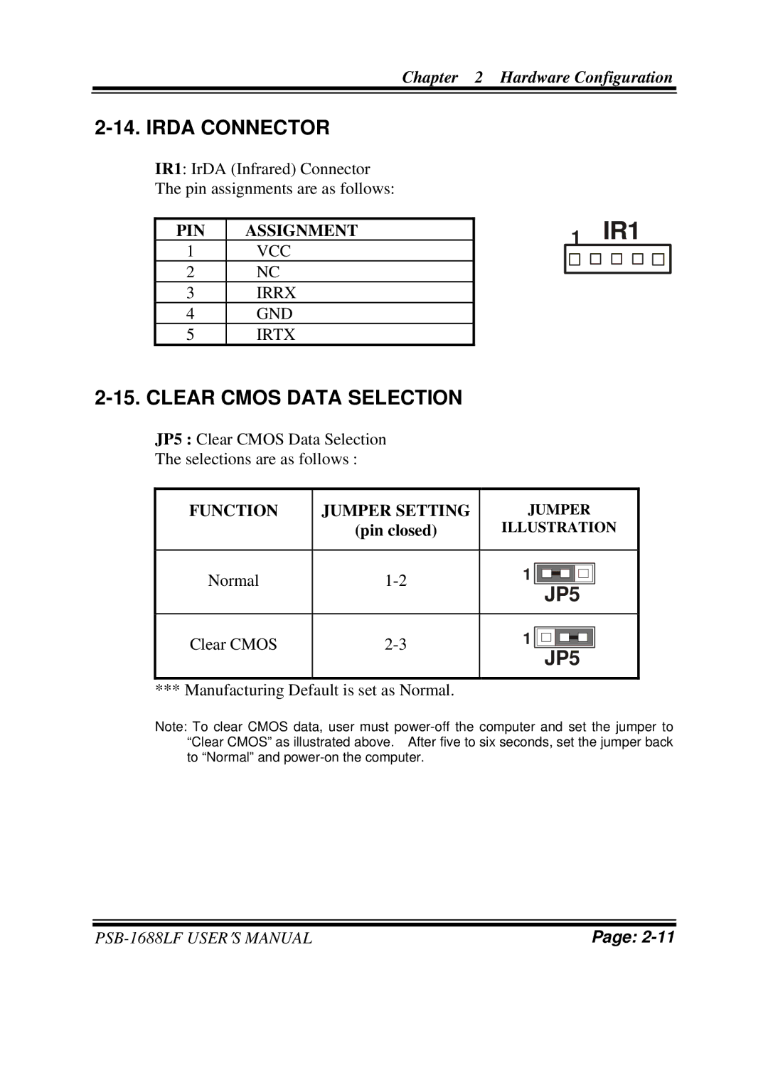 PSB Speakers PSB-1688LF M1 user manual Irda Connector, Clear Cmos Data Selection, Pin closed 