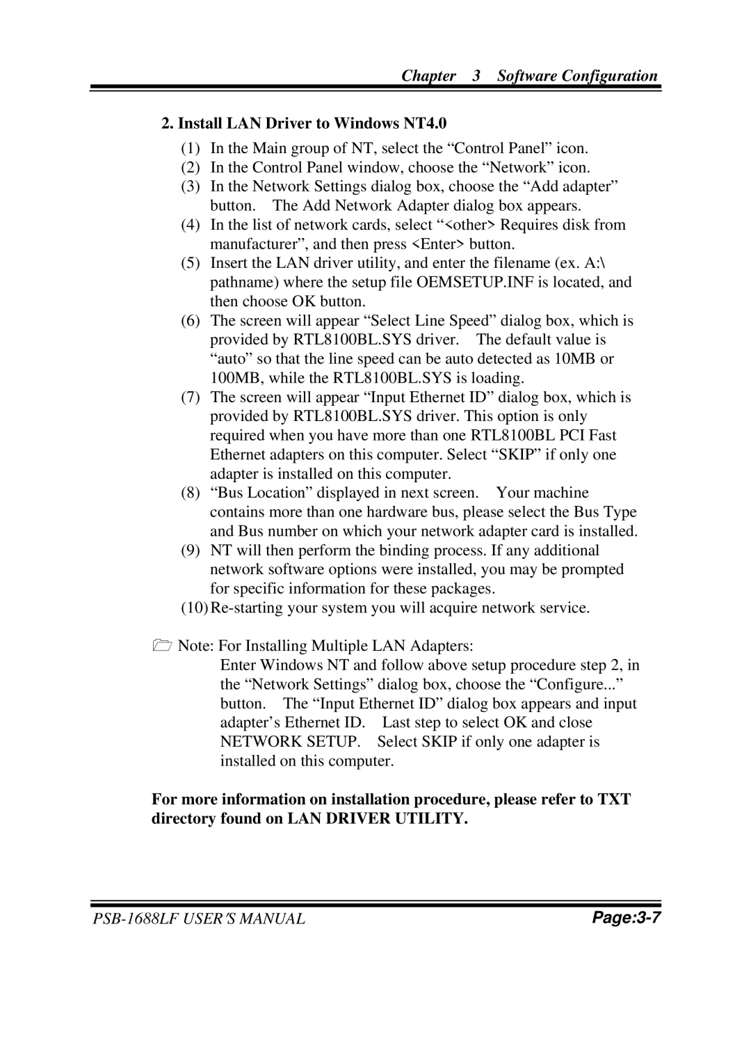 PSB Speakers PSB-1688LF M1 user manual Install LAN Driver to Windows NT4.0 