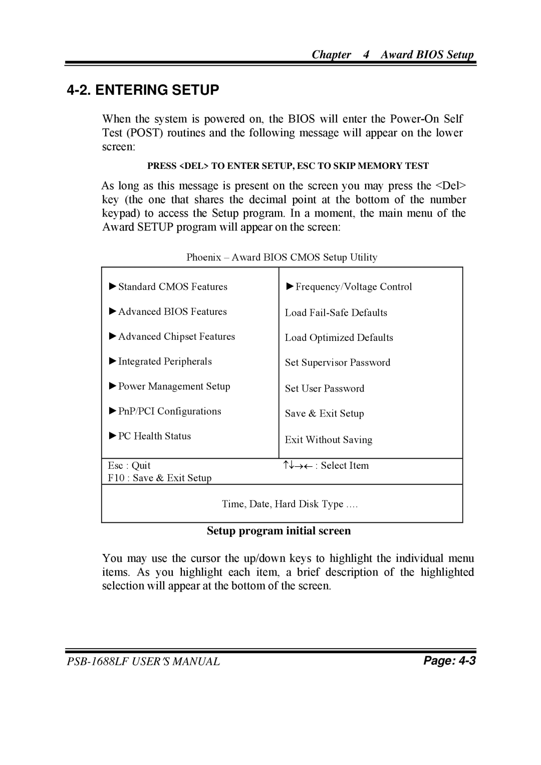 PSB Speakers PSB-1688LF M1 user manual Entering Setup, Setup program initial screen 