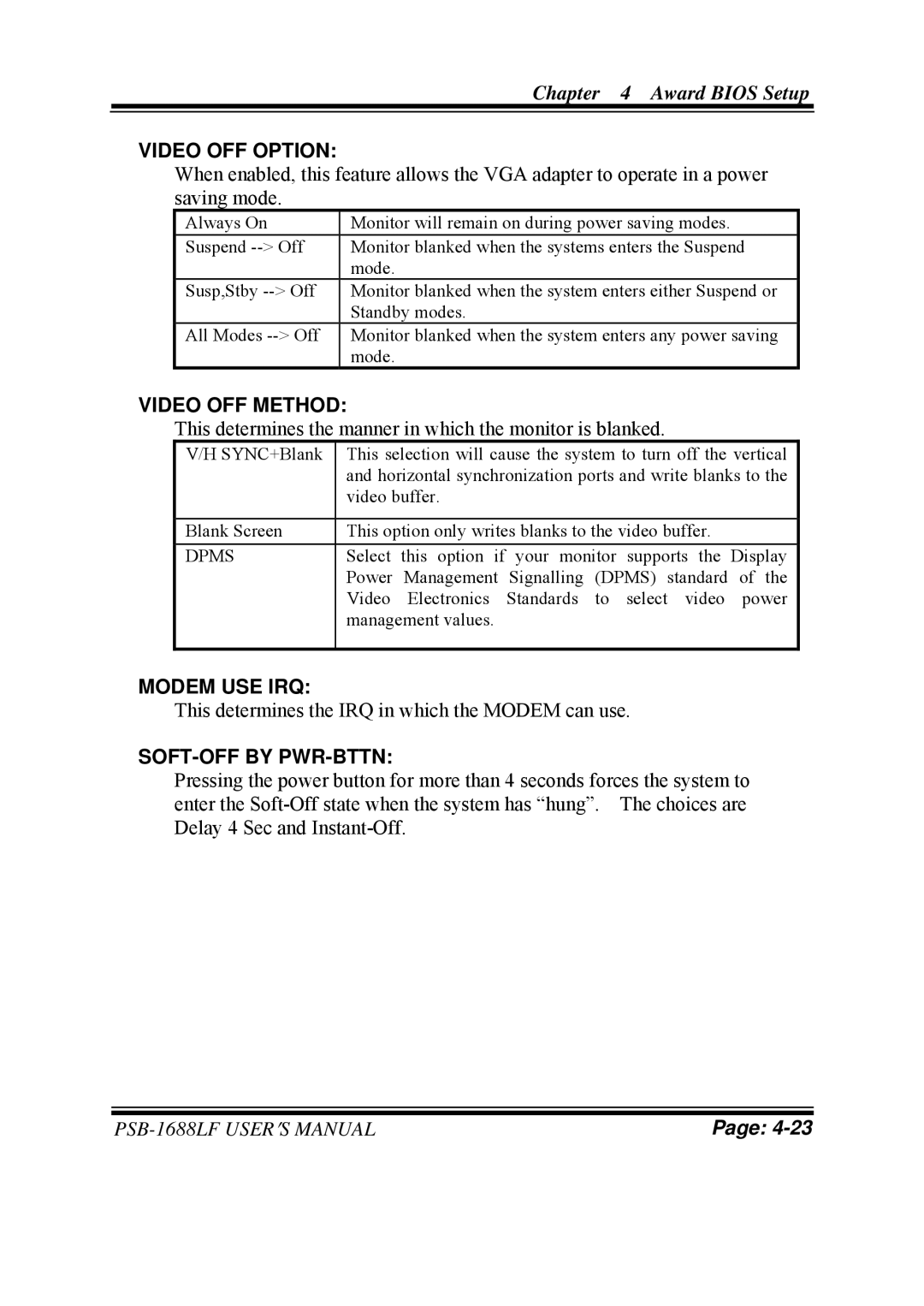 PSB Speakers PSB-1688LF M1 user manual Video OFF Option, Video OFF Method, Modem USE IRQ, SOFT-OFF by PWR-BTTN 