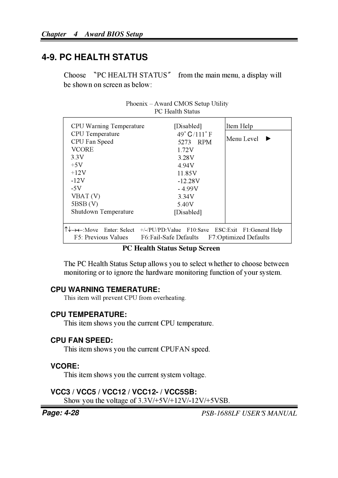 PSB Speakers PSB-1688LF M1 user manual PC Health Status, CPU Warning Temerature, CPU Temperature, CPU FAN Speed, Vcore 