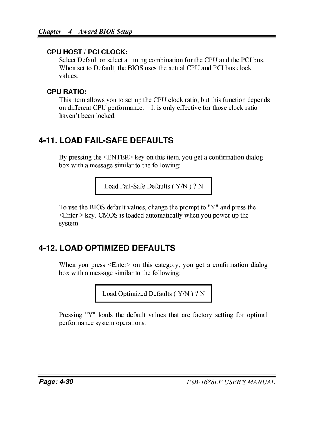 PSB Speakers PSB-1688LF M1 user manual Load FAIL-SAFE Defaults, Load Optimized Defaults, CPU Host / PCI Clock, CPU Ratio 