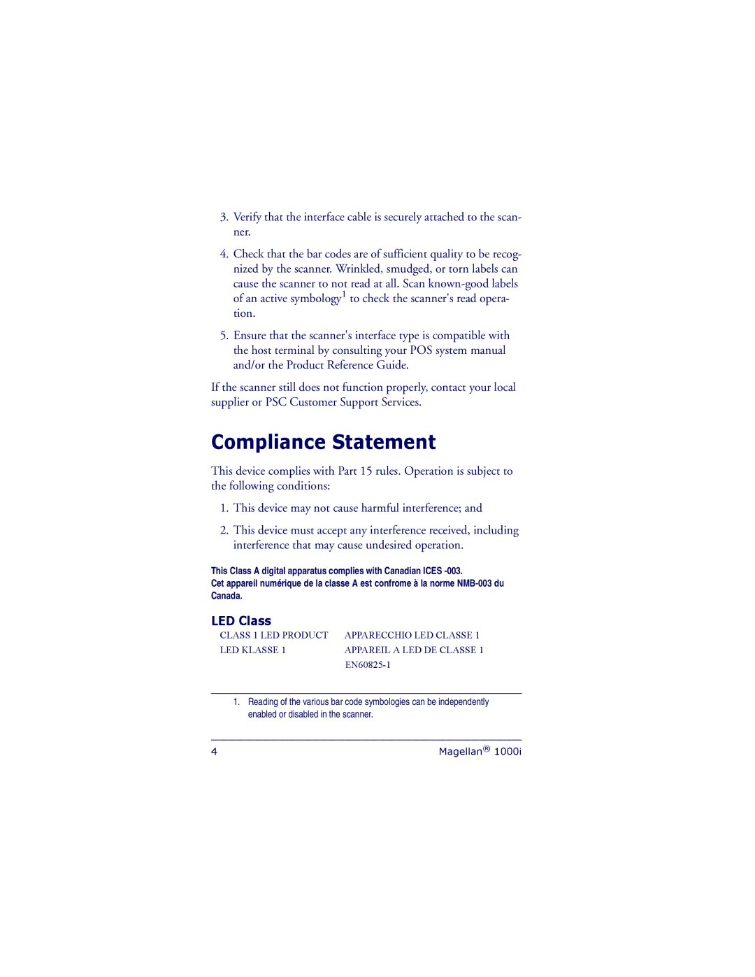 PSC 1000I manual Compliance Statement, LED Class 