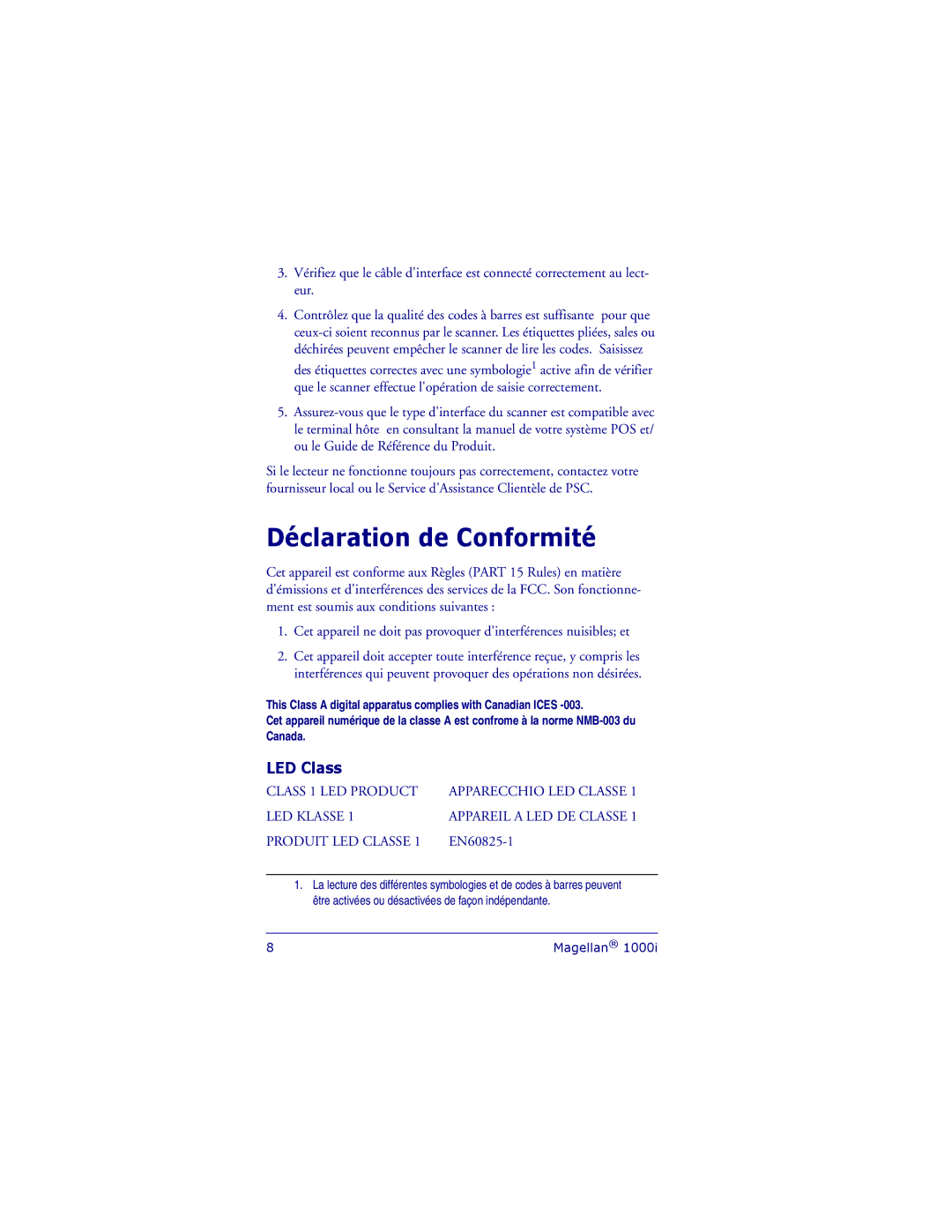 PSC 1000I manual Déclaration de Conformité, Produit LED Classe 