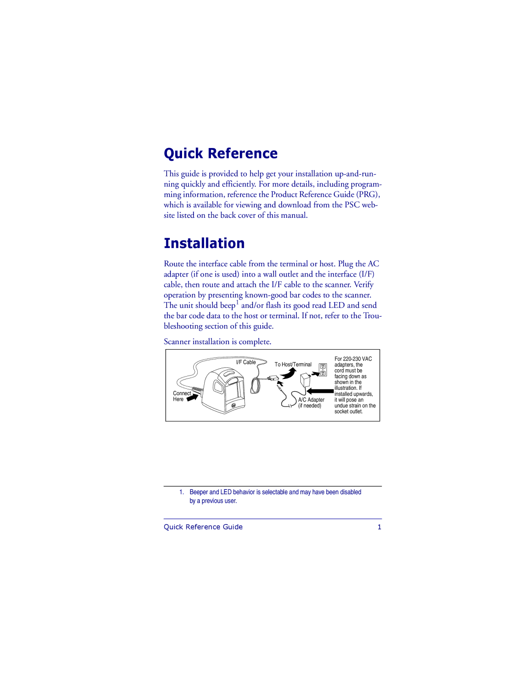 PSC 1000I manual Quick Reference, Installation 