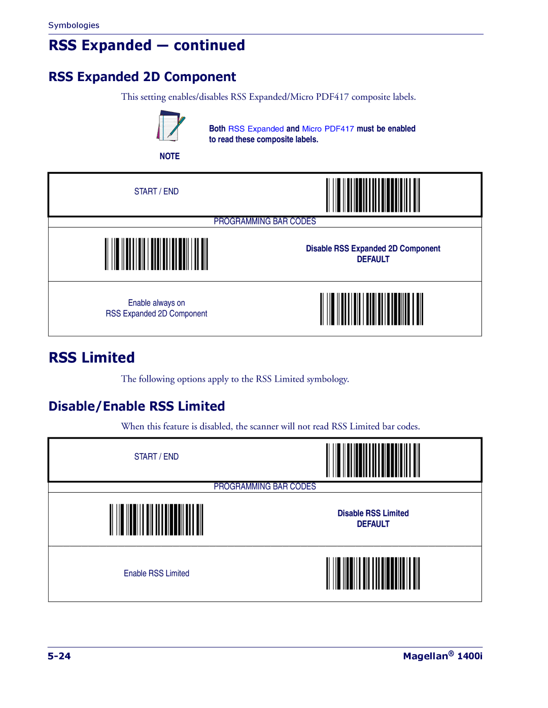 PSC 1400I manual RSS Expanded 2D Component, Disable/Enable RSS Limited 