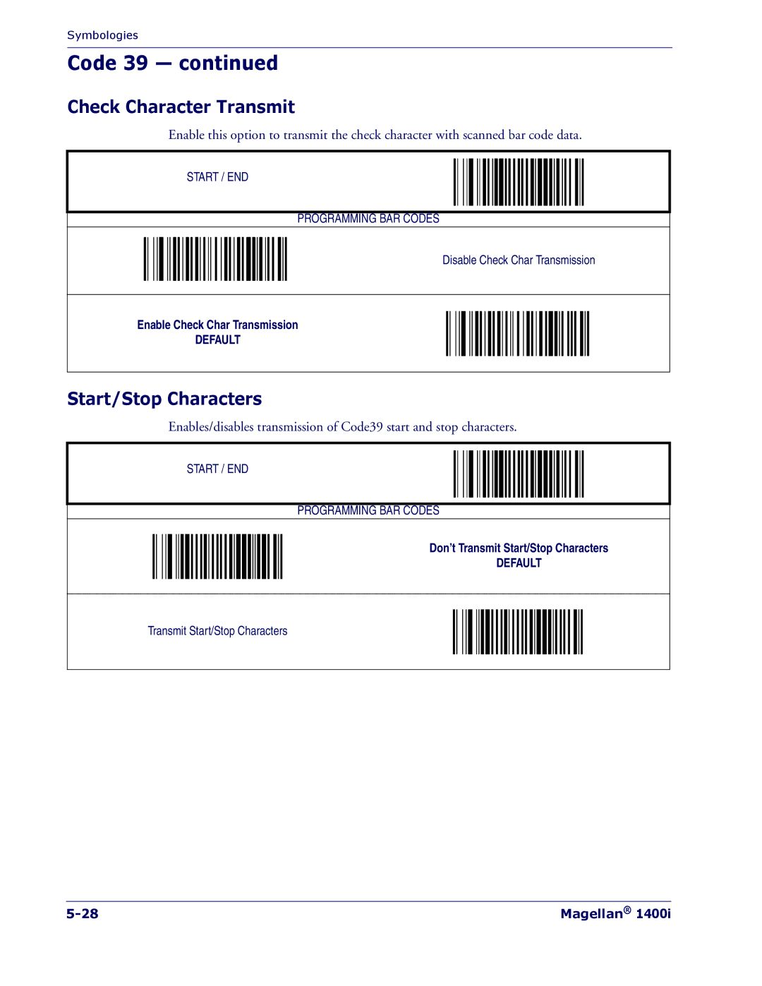 PSC 1400I manual Check Character Transmit, Start/Stop Characters 