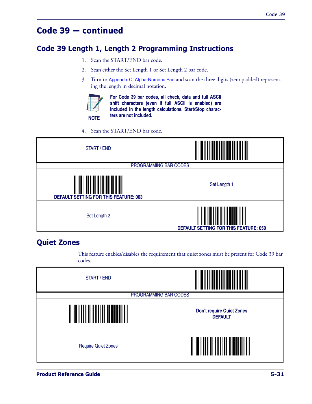 PSC 1400I manual Code 39 Length 1, Length 2 Programming Instructions, Quiet Zones 