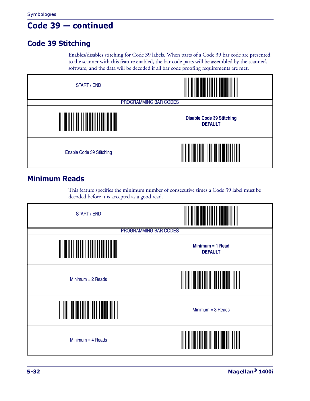 PSC 1400I manual Code 39 Stitching, Minimum Reads 