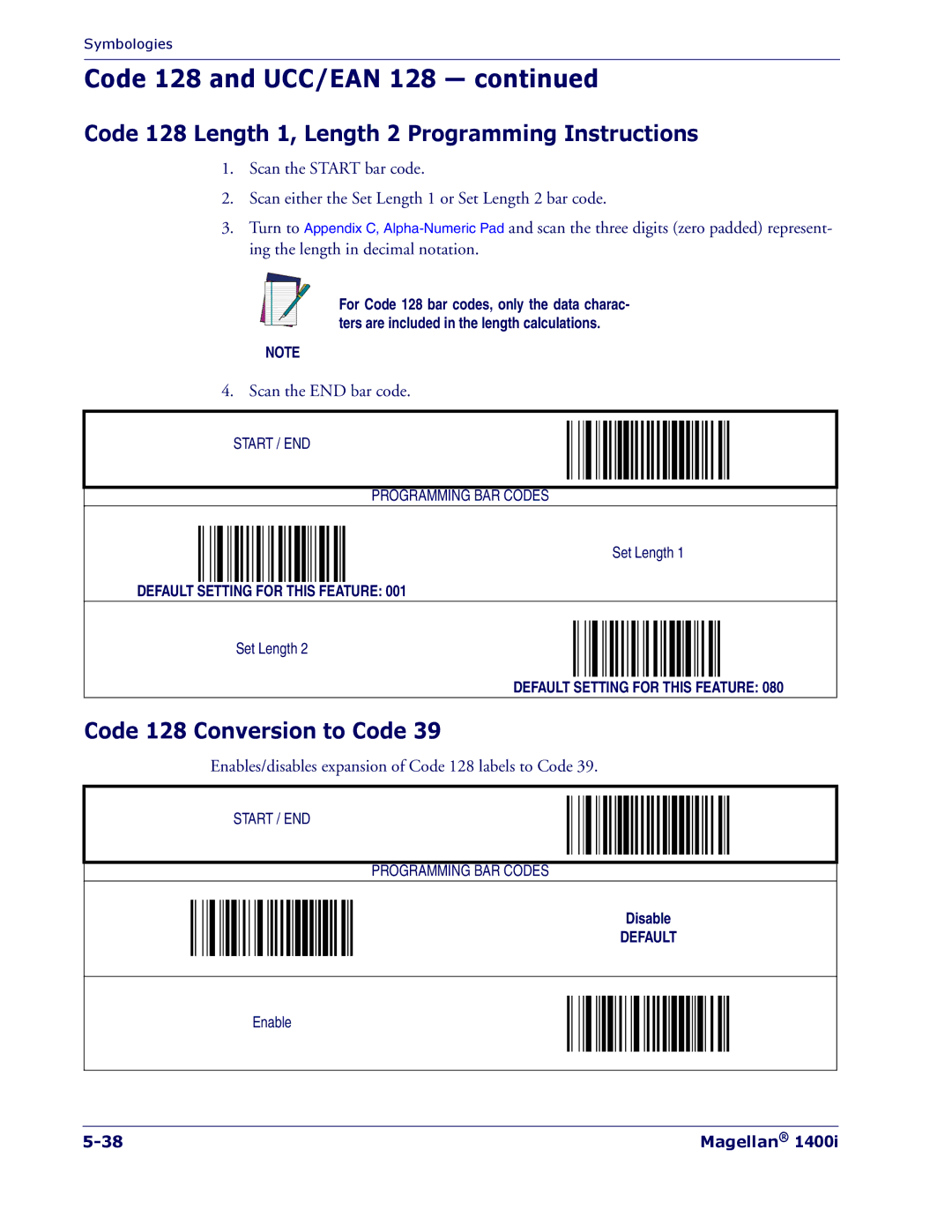 PSC 1400I manual Code 128 Length 1, Length 2 Programming Instructions, Code 128 Conversion to Code 