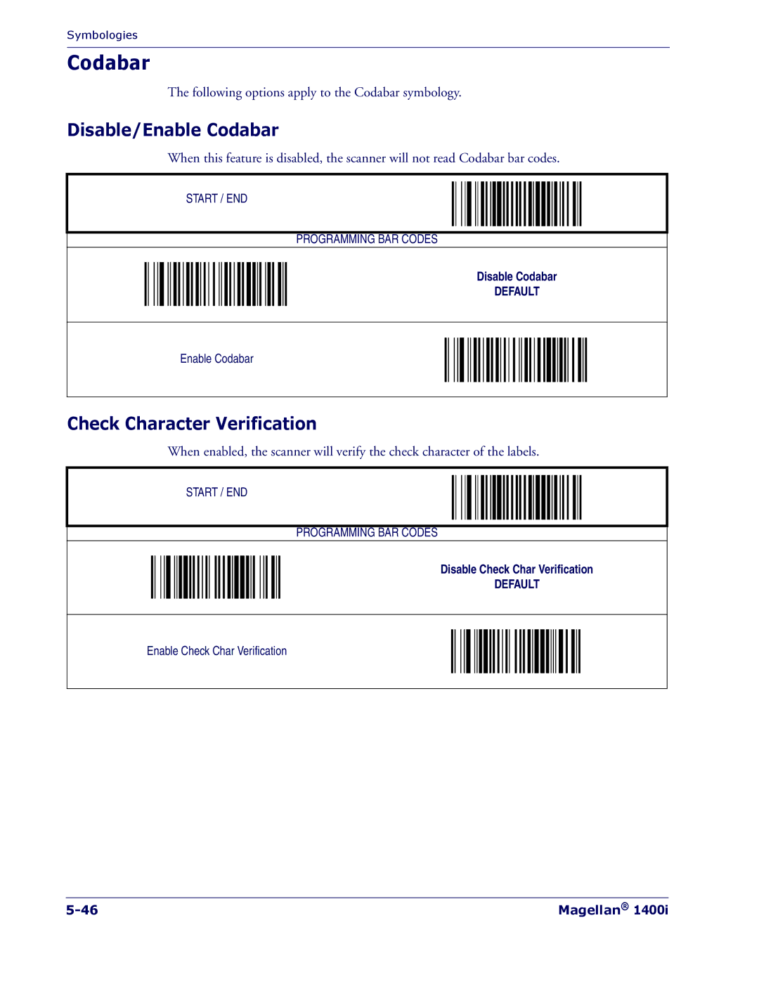 PSC 1400I manual Disable/Enable Codabar, Check Character Verification 