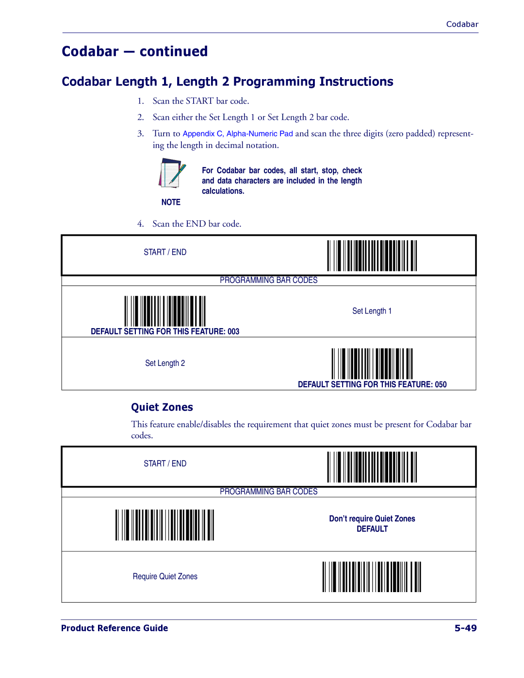 PSC 1400I manual Codabar Length 1, Length 2 Programming Instructions, Quiet Zones 