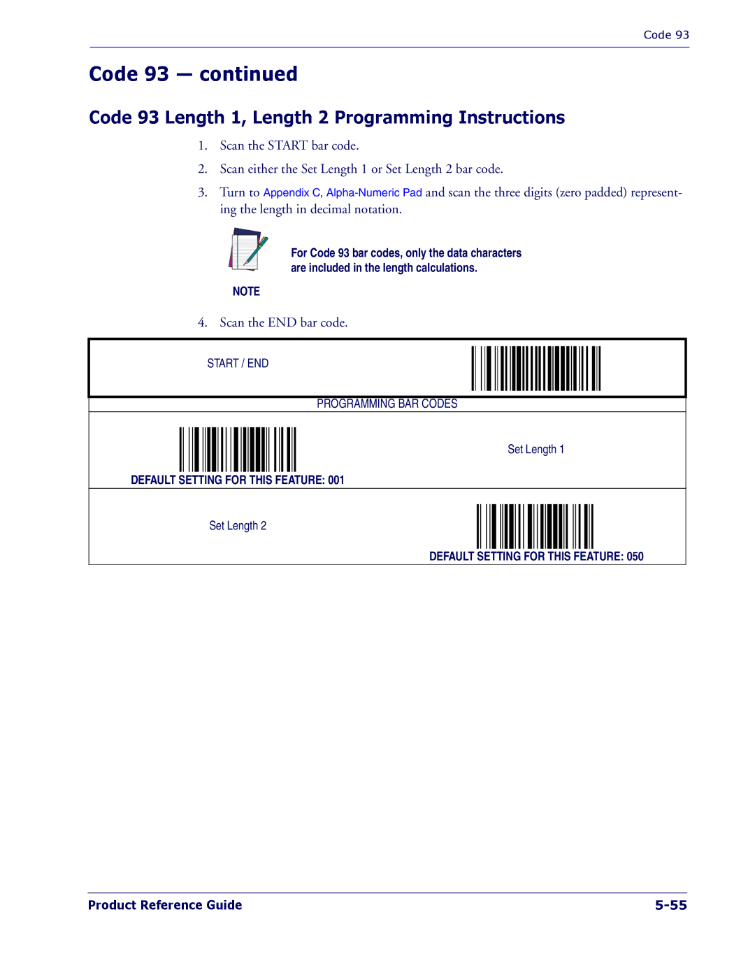 PSC 1400I manual Code 93 Length 1, Length 2 Programming Instructions 