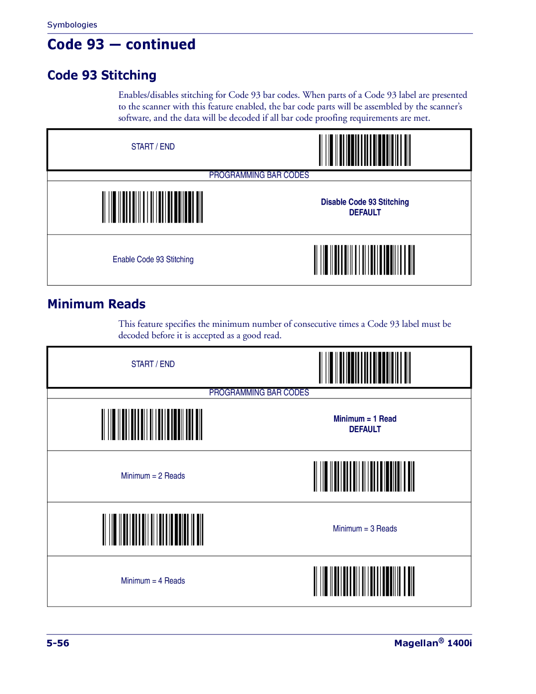 PSC 1400I manual Code 93 Stitching, Minimum Reads 