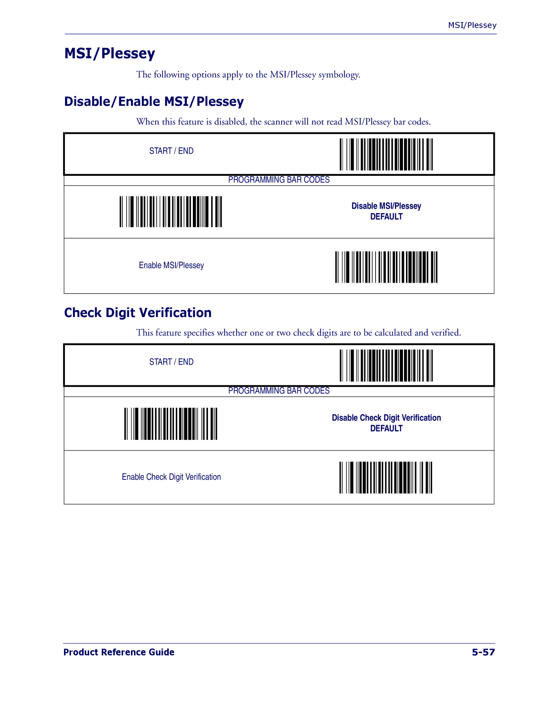 PSC 1400I manual Disable/Enable MSI/Plessey, Check Digit Verification 