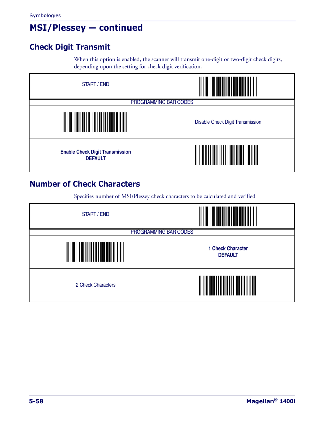 PSC 1400I manual Check Digit Transmit, Number of Check Characters 