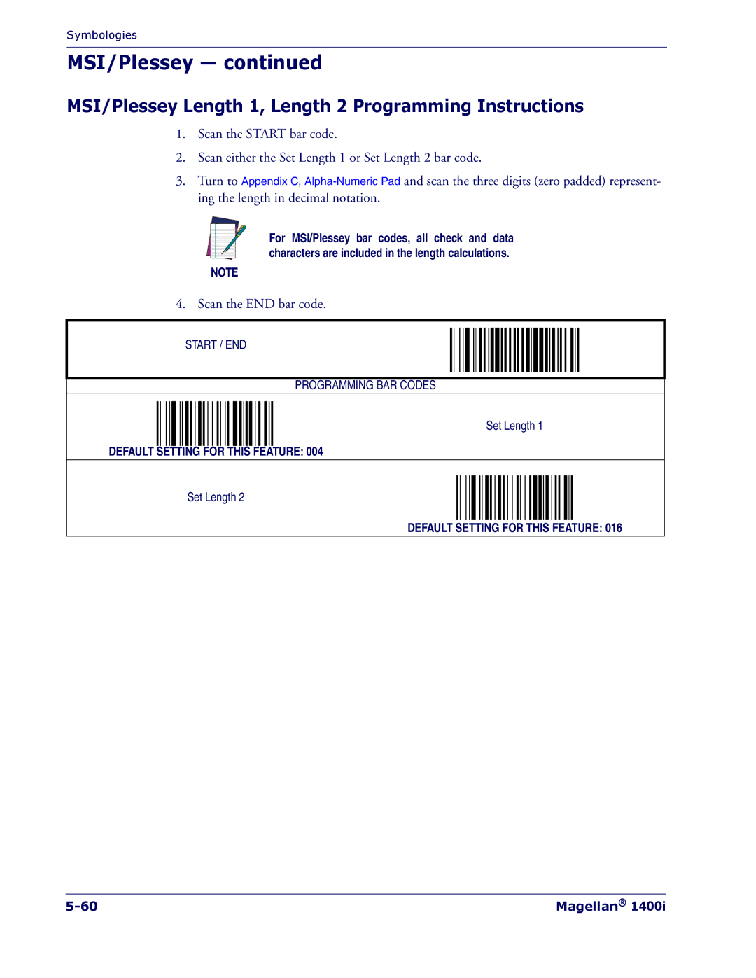 PSC 1400I manual MSI/Plessey Length 1, Length 2 Programming Instructions 