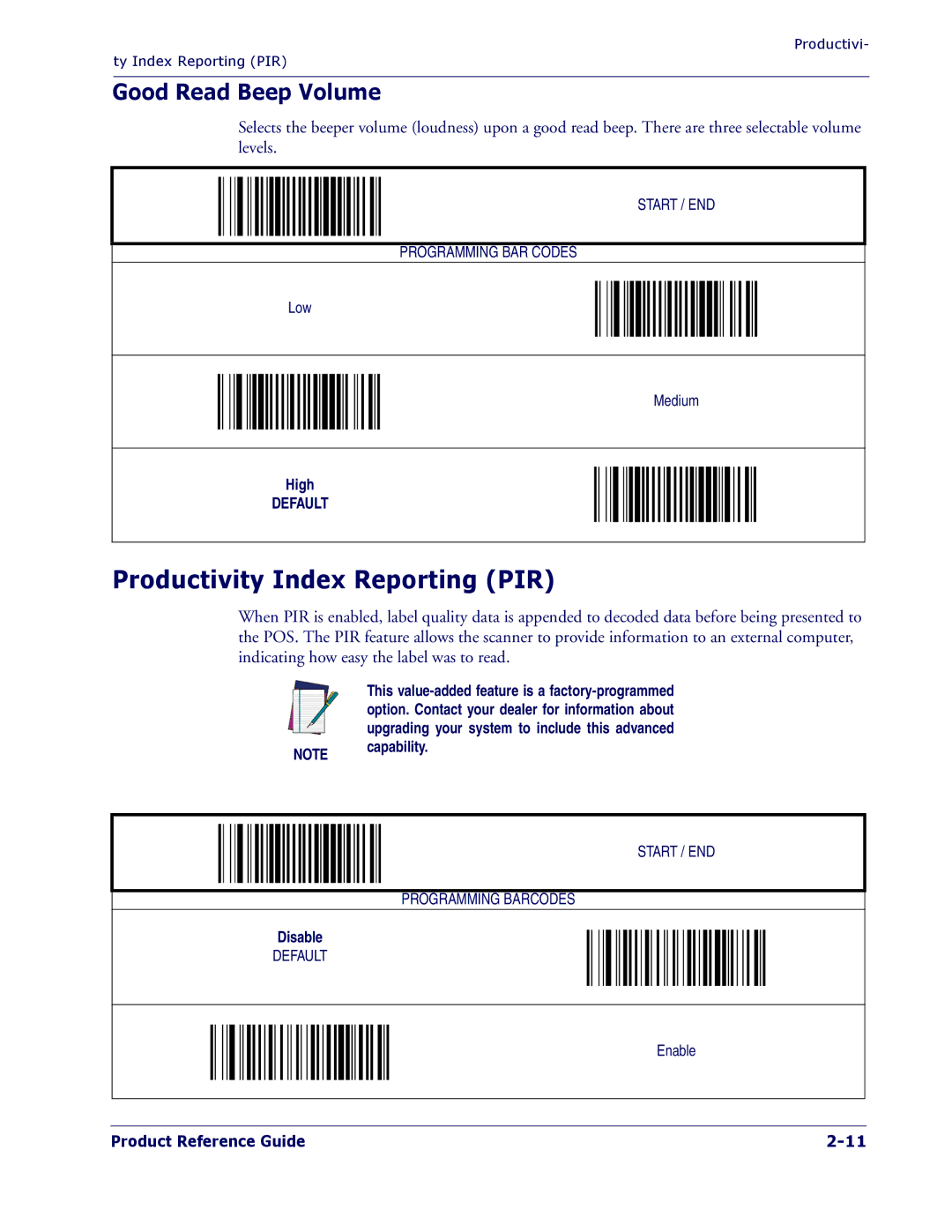 PSC 1400I manual Productivity Index Reporting PIR, Good Read Beep Volume 