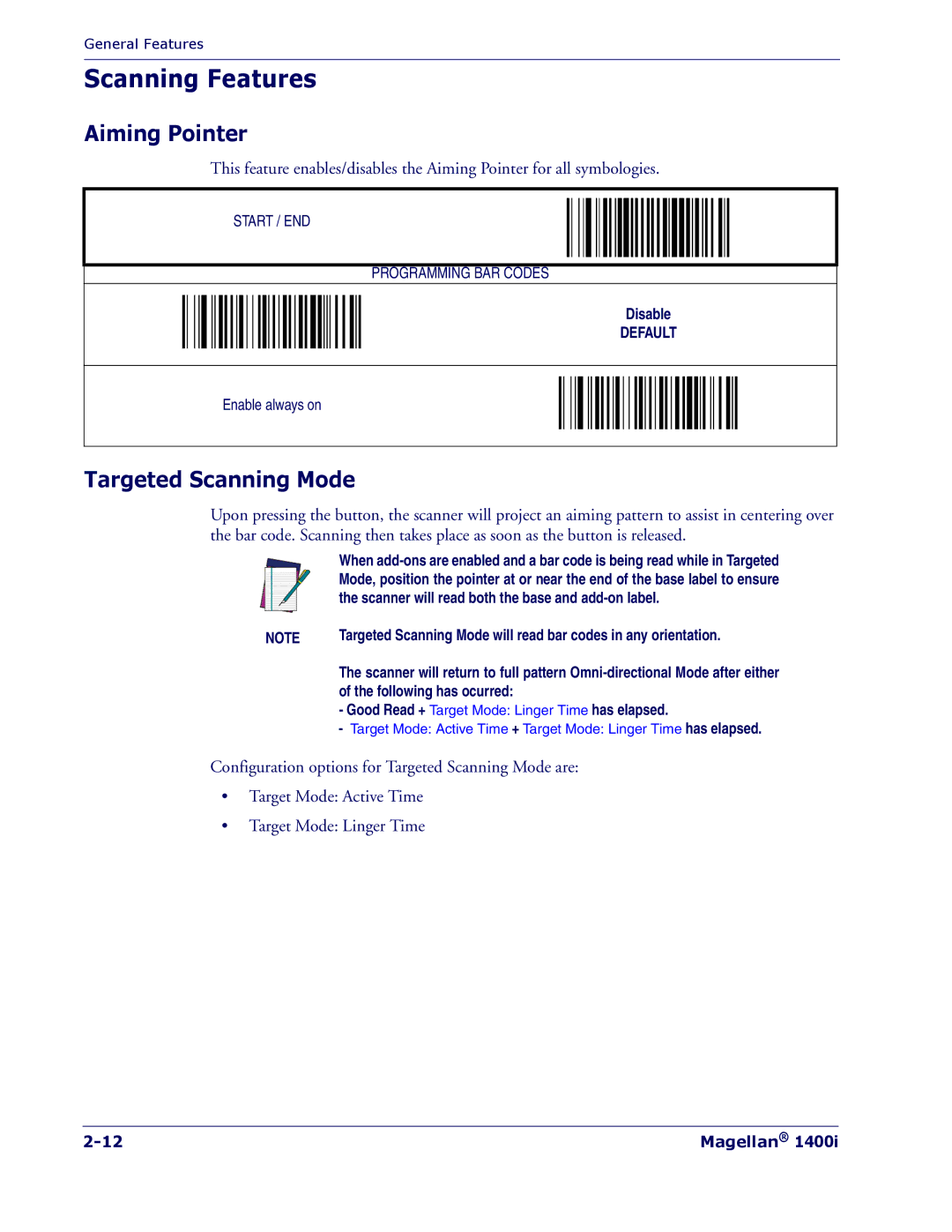 PSC 1400I manual Scanning Features, Aiming Pointer, Targeted Scanning Mode 