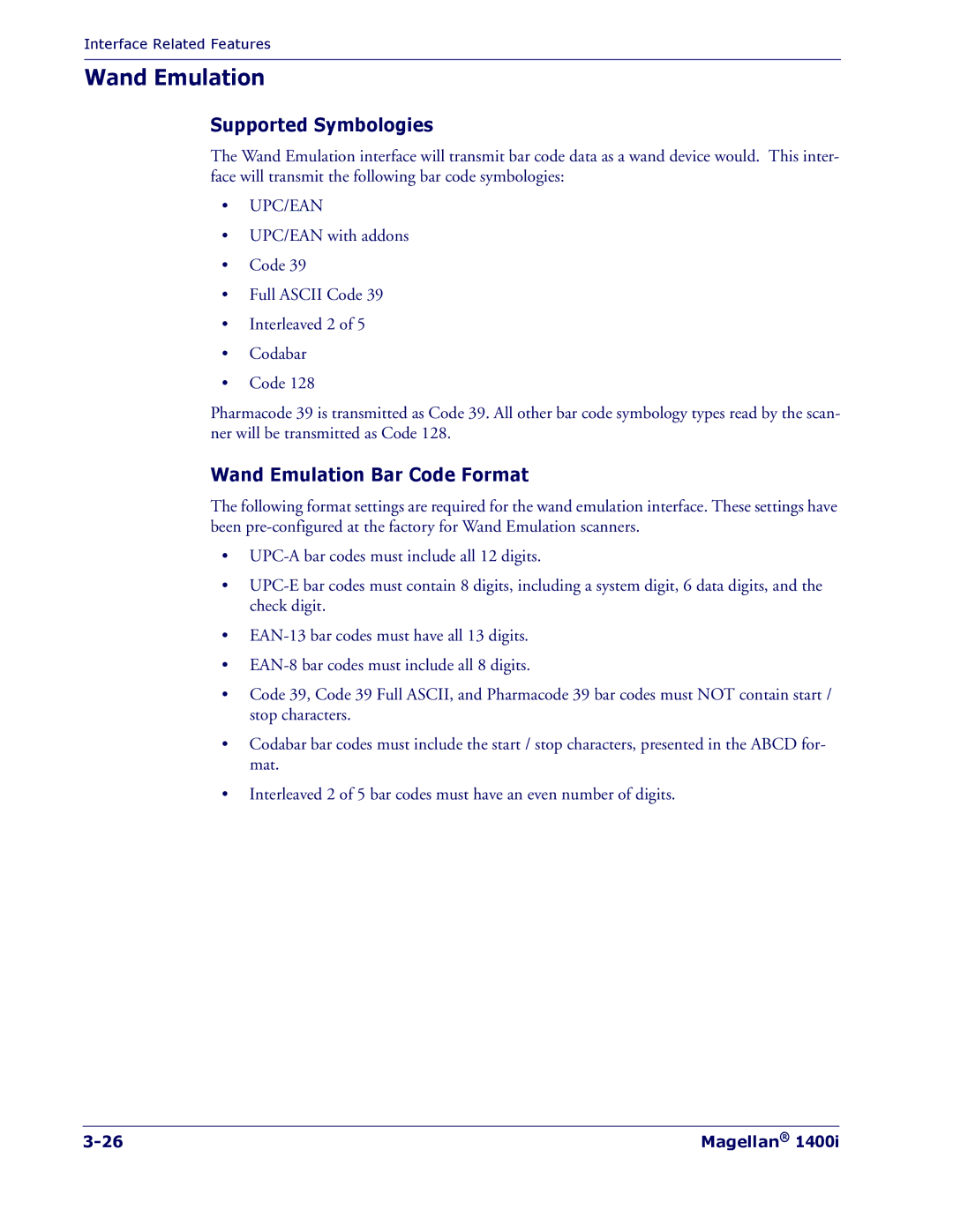 PSC 1400I manual Supported Symbologies, Wand Emulation Bar Code Format 