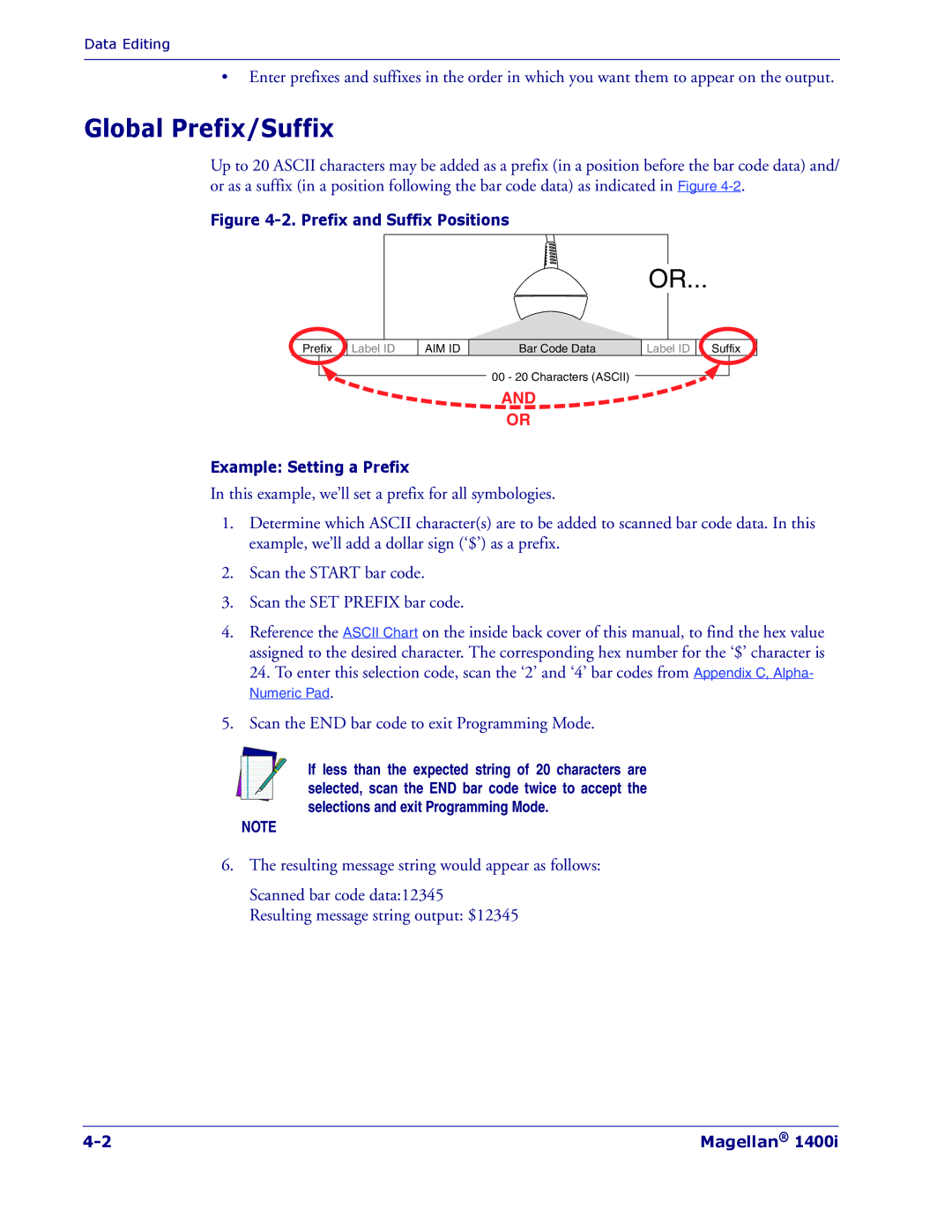 PSC 1400I manual Global Prefix/Suffix, Scan the END bar code to exit Programming Mode 